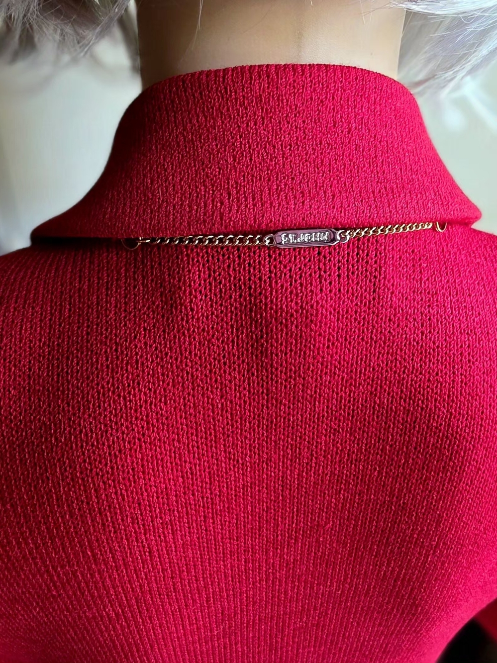 St John Collection Marie Gray Red Long Knit Jacket Coat Gold Buttons Sz 6 - Picture 8 of 10